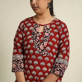  Red  Block Print Mul Cotton Straight Bagh Kurta for Women