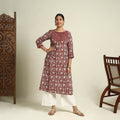  Red Block Print Mul Cotton Straight Bagh Kurta for Women