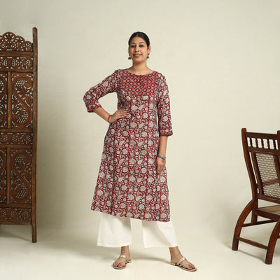  Red Block Print Mul Cotton Straight Bagh Kurta for Women