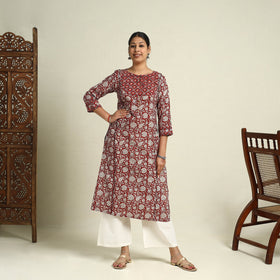  Red Block Print Mul Cotton Straight Bagh Kurta for Women