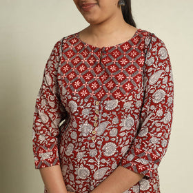  Red Block Print Mul Cotton Straight Bagh Kurta for Women