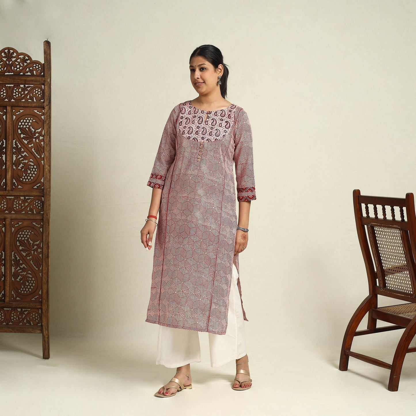 Red Block Print Mul Cotton Straight Bagh Kurta for Women