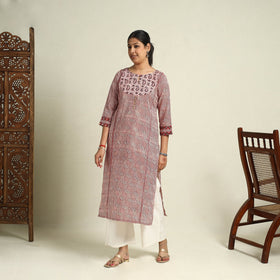 Red Block Print Mul Cotton Straight Bagh Kurta for Women