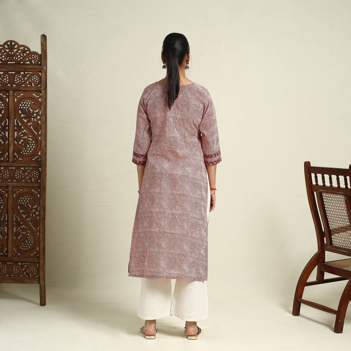 Red Block Print Mul Cotton Straight Bagh Kurta for Women