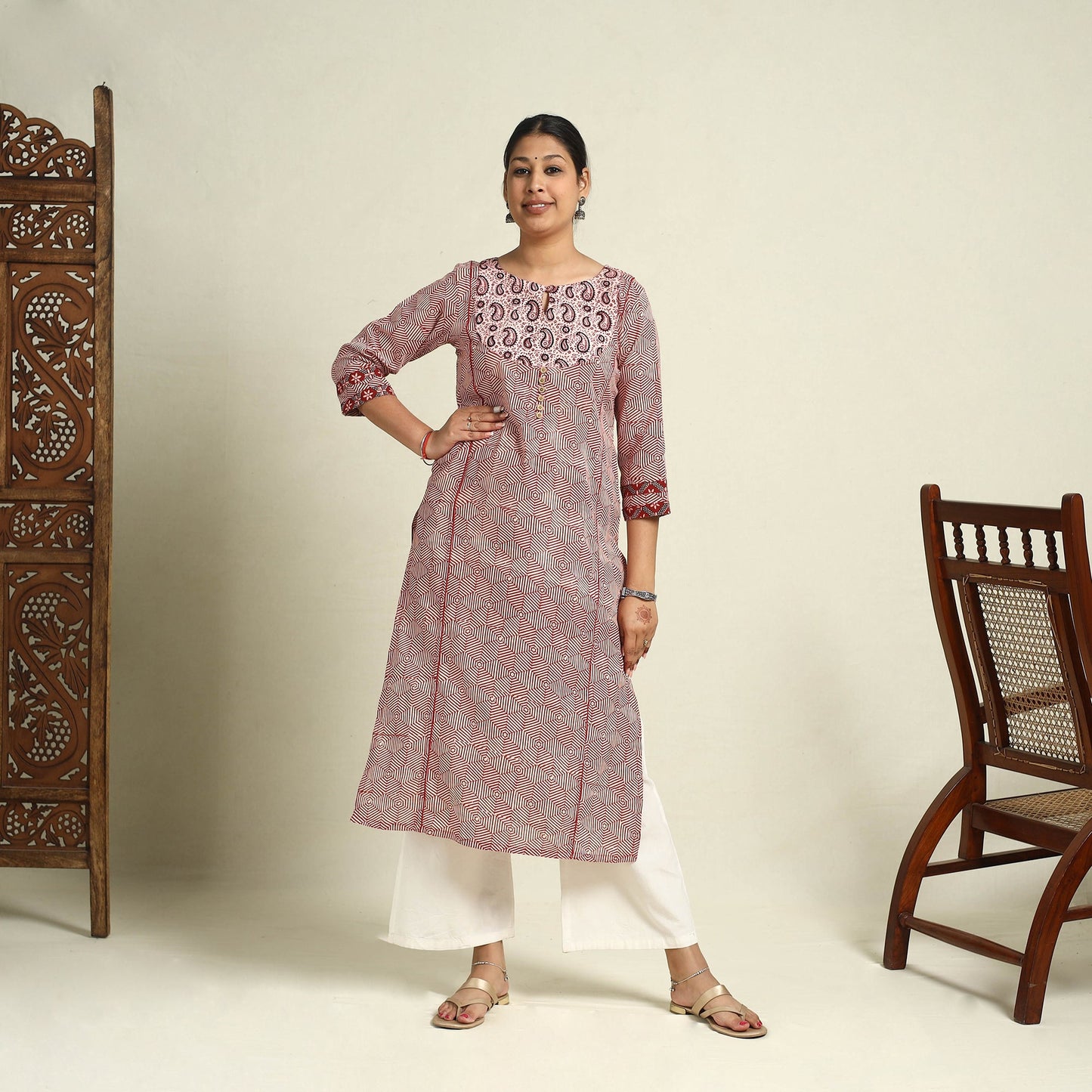Red Block Print Mul Cotton Straight Bagh Kurta for Women