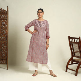 Red Block Print Mul Cotton Straight Bagh Kurta for Women