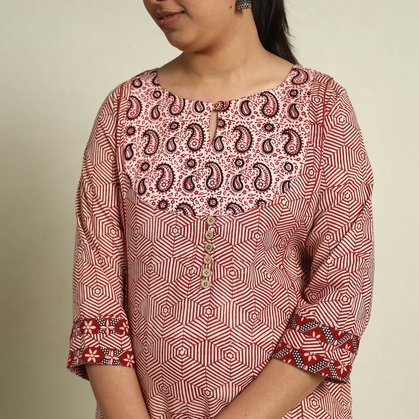 Red Block Print Mul Cotton Straight Bagh Kurta for Women