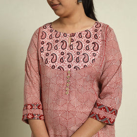 Red Block Print Mul Cotton Straight Bagh Kurta for Women