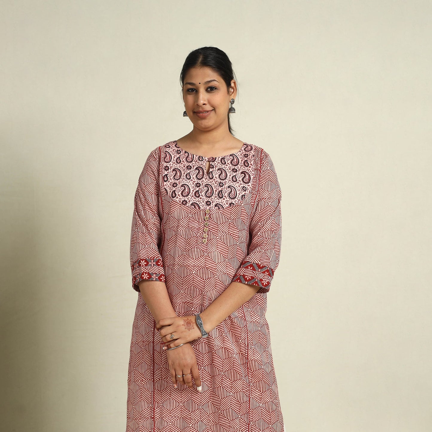 Red Block Print Mul Cotton Straight Bagh Kurta for Women