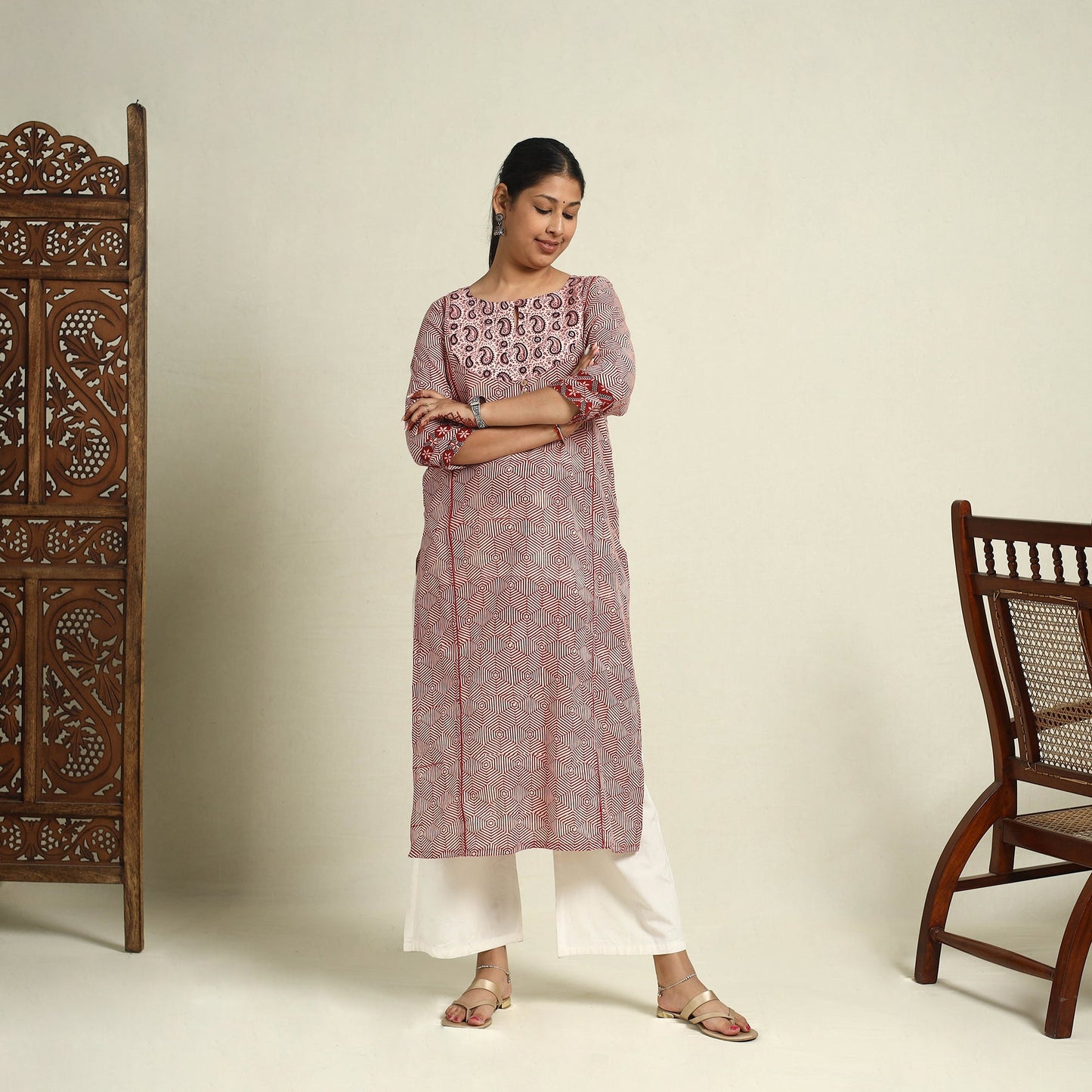 Red Block Print Mul Cotton Straight Bagh Kurta for Women