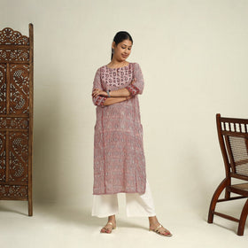 Red Block Print Mul Cotton Straight Bagh Kurta for Women