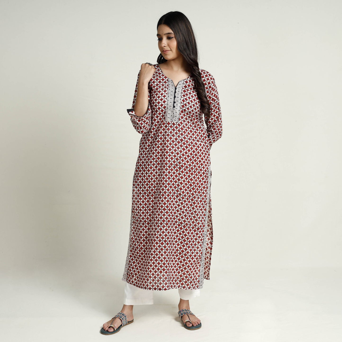 Buy Block Print Mul Cotton Straight Bagh Kurta For Women
