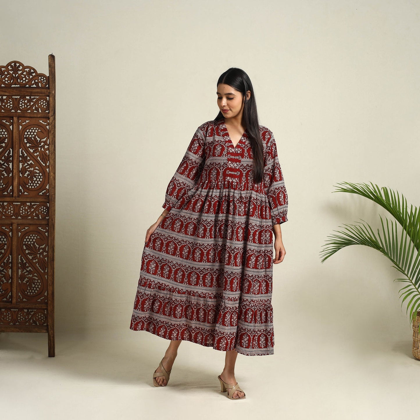 Buy Red Block Print Mul Cotton Tiered Bagh Dress