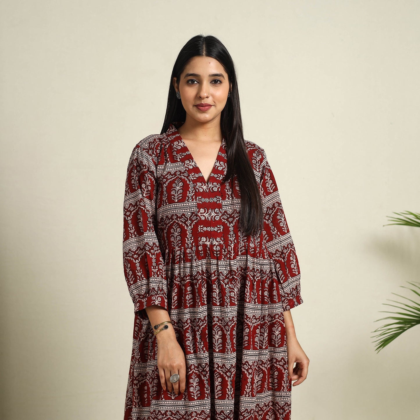 Buy Red Block Print Mul Cotton Tiered Bagh Dress