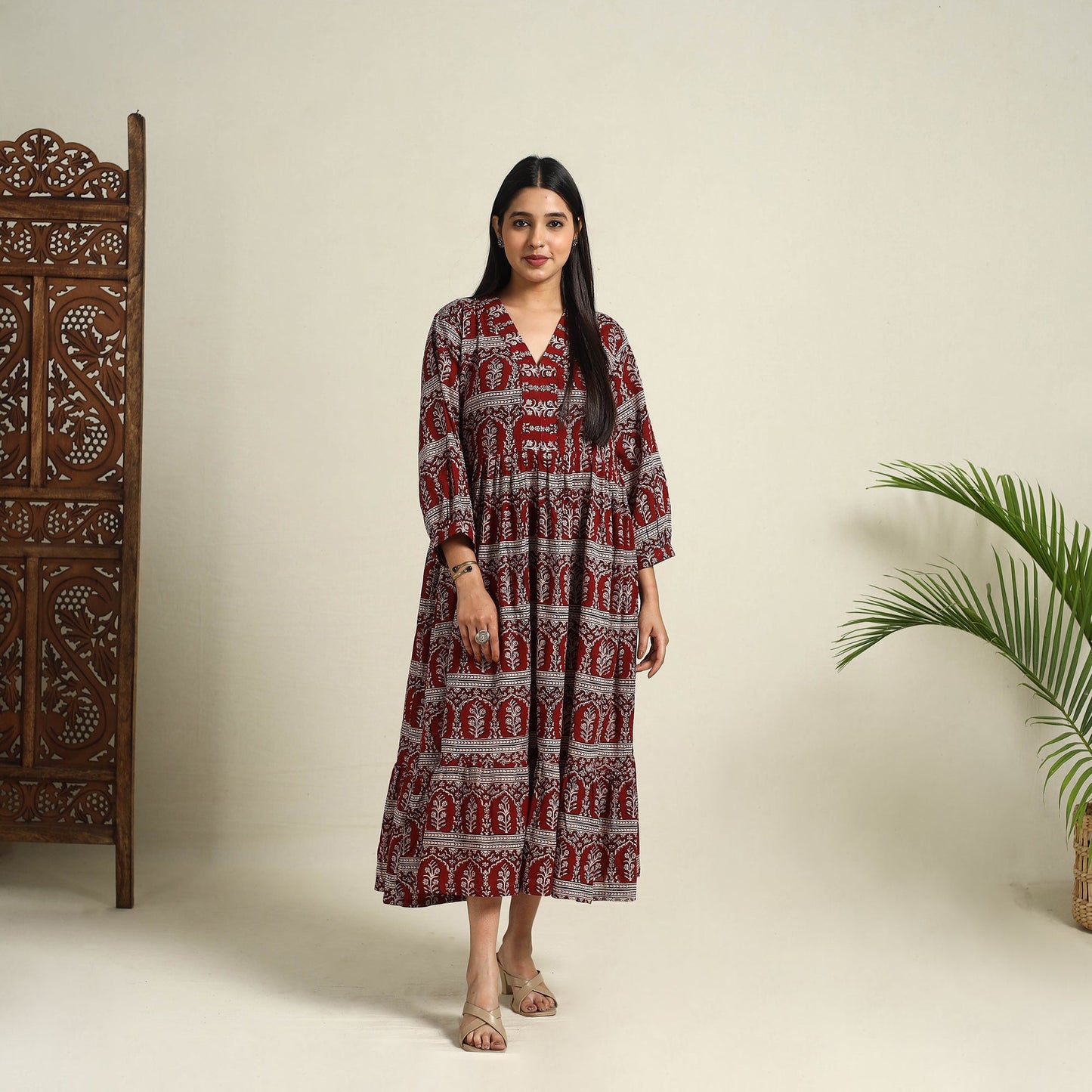 Buy Red Block Print Mul Cotton Tiered Bagh Dress