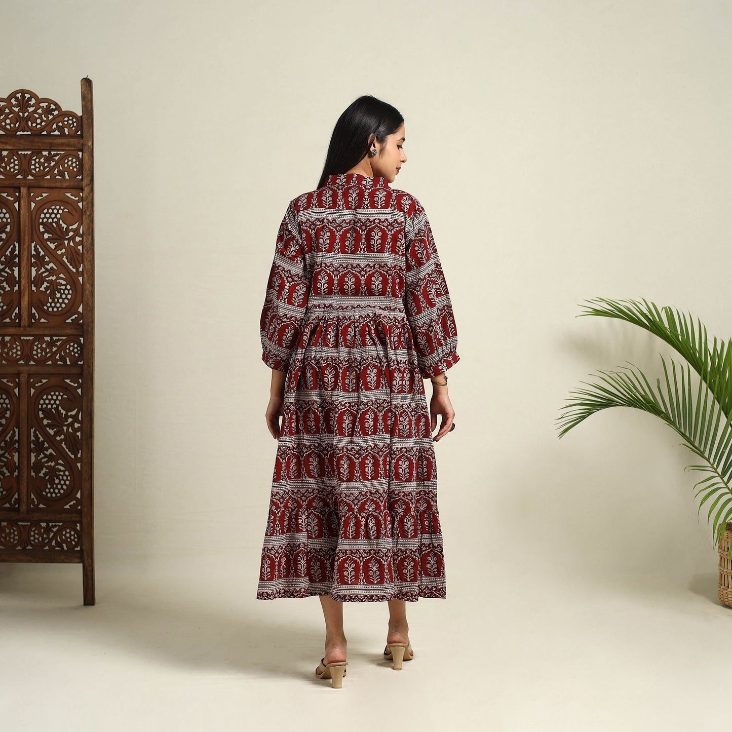 Buy Red Block Print Mul Cotton Tiered Bagh Dress