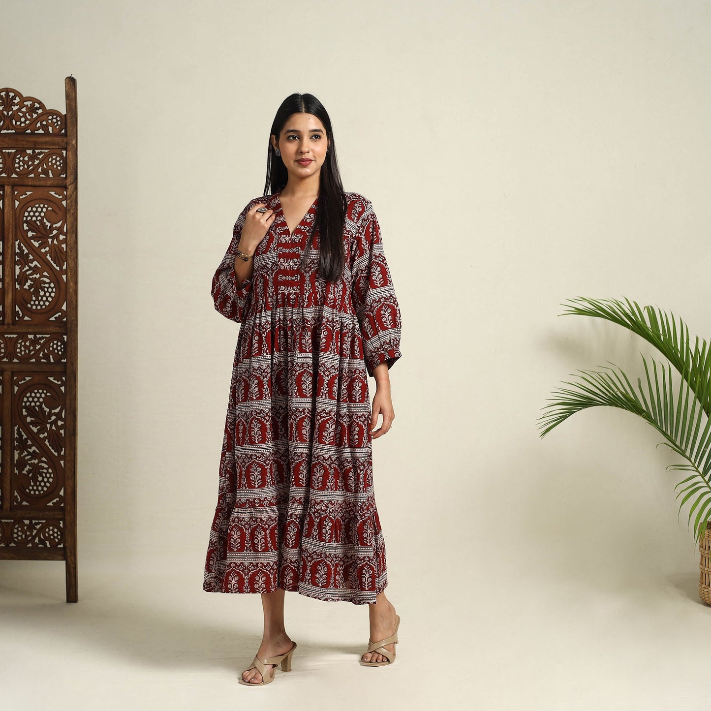 Buy Red Block Print Mul Cotton Tiered Bagh Dress