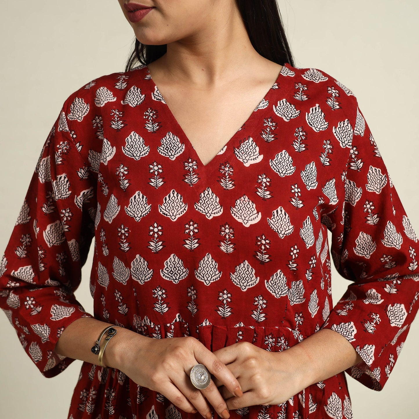 Red Block Print Mul Cotton Tiered Bagh Dress
