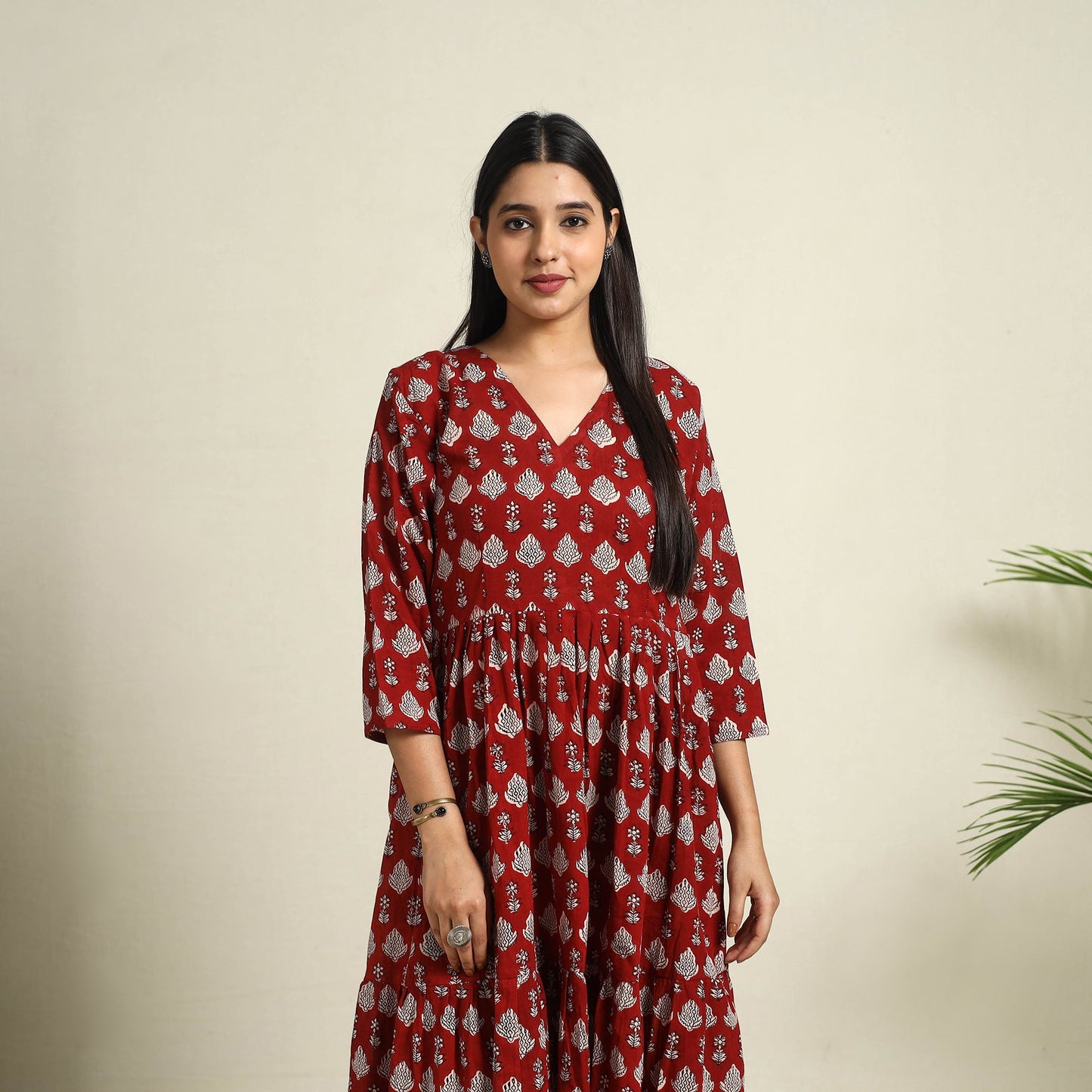  Red Block Print Mul Cotton Tiered Bagh Dress