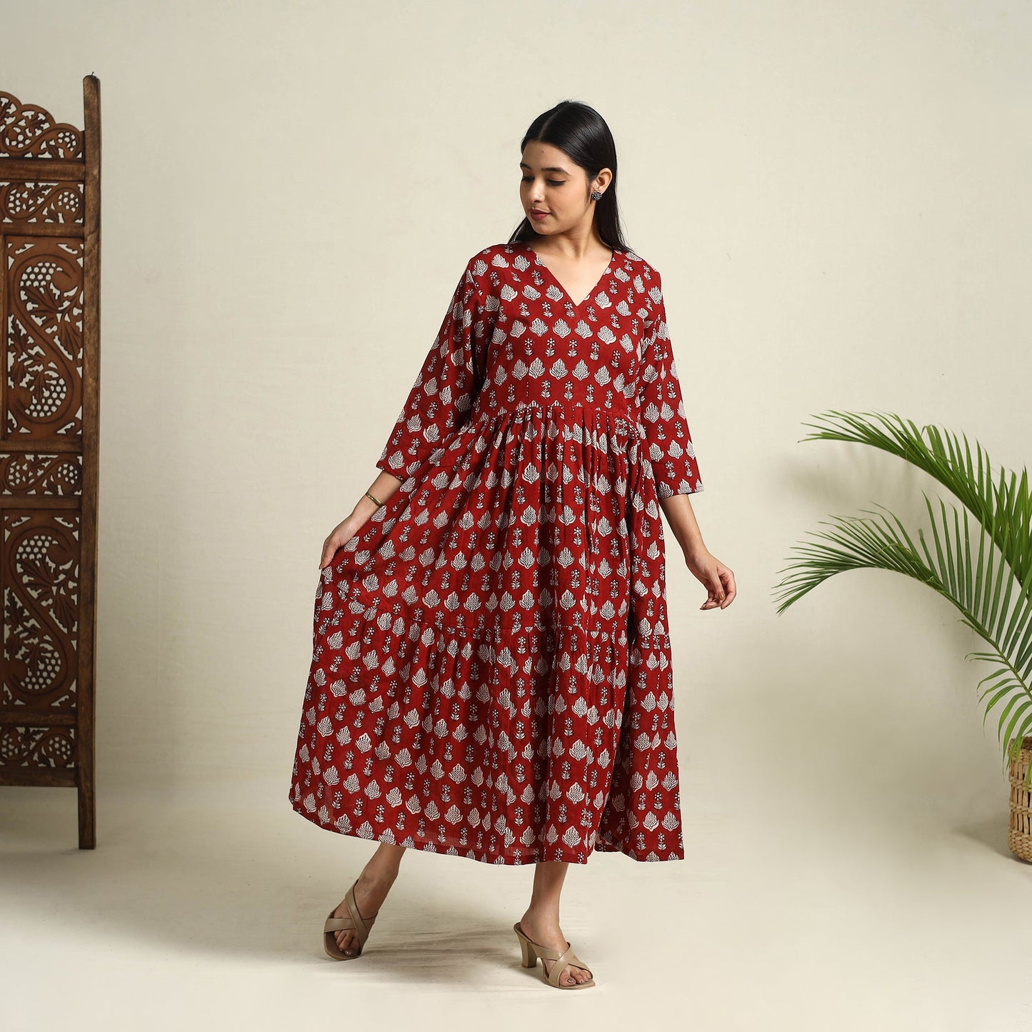  Red Block Print Mul Cotton Tiered Bagh Dress
