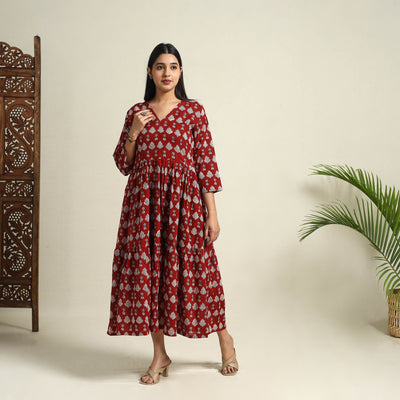  Red Block Print Mul Cotton Tiered Bagh Dress