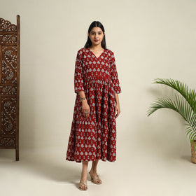  Red Block Print Mul Cotton Tiered Bagh Dress