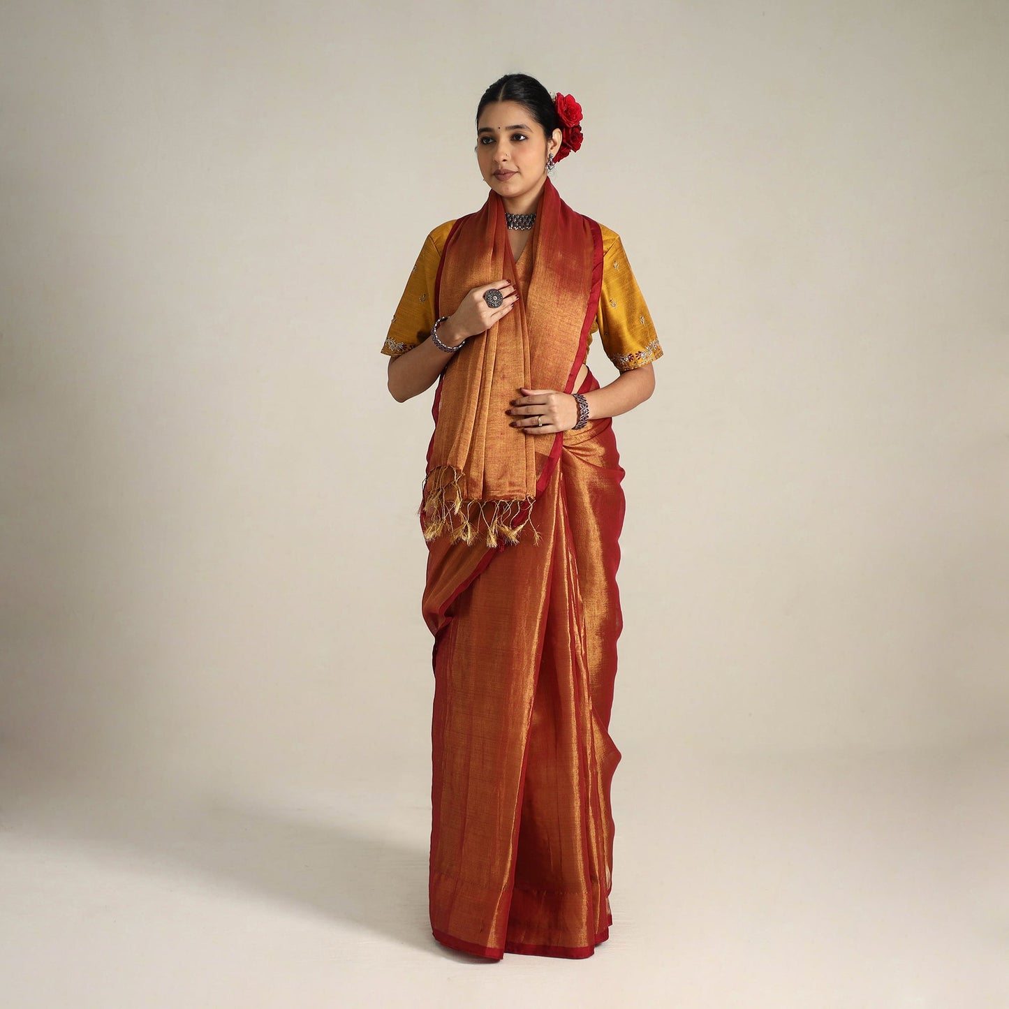 Mul Tissue Zari Red Bengal Saree with Embroidered Blouse 