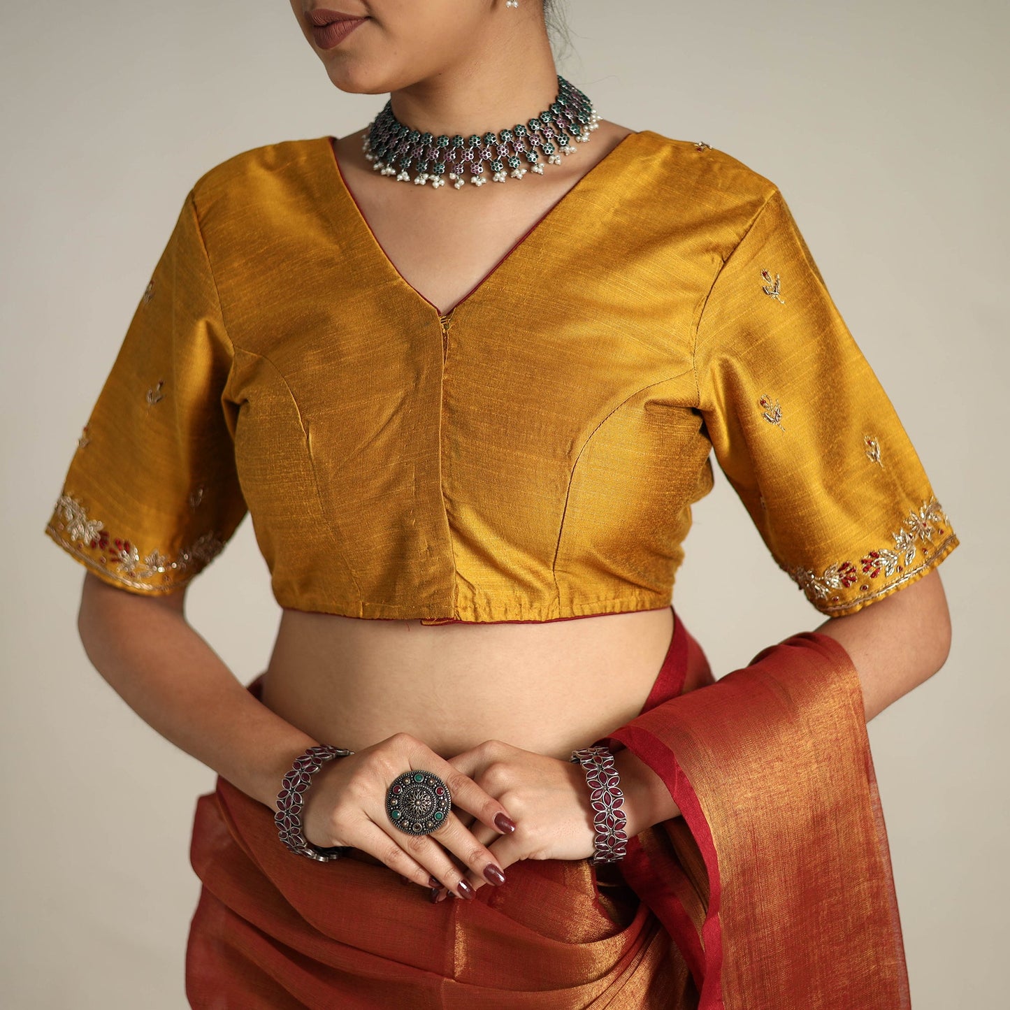 Mul Tissue Zari Red Bengal Saree with Embroidered Blouse 