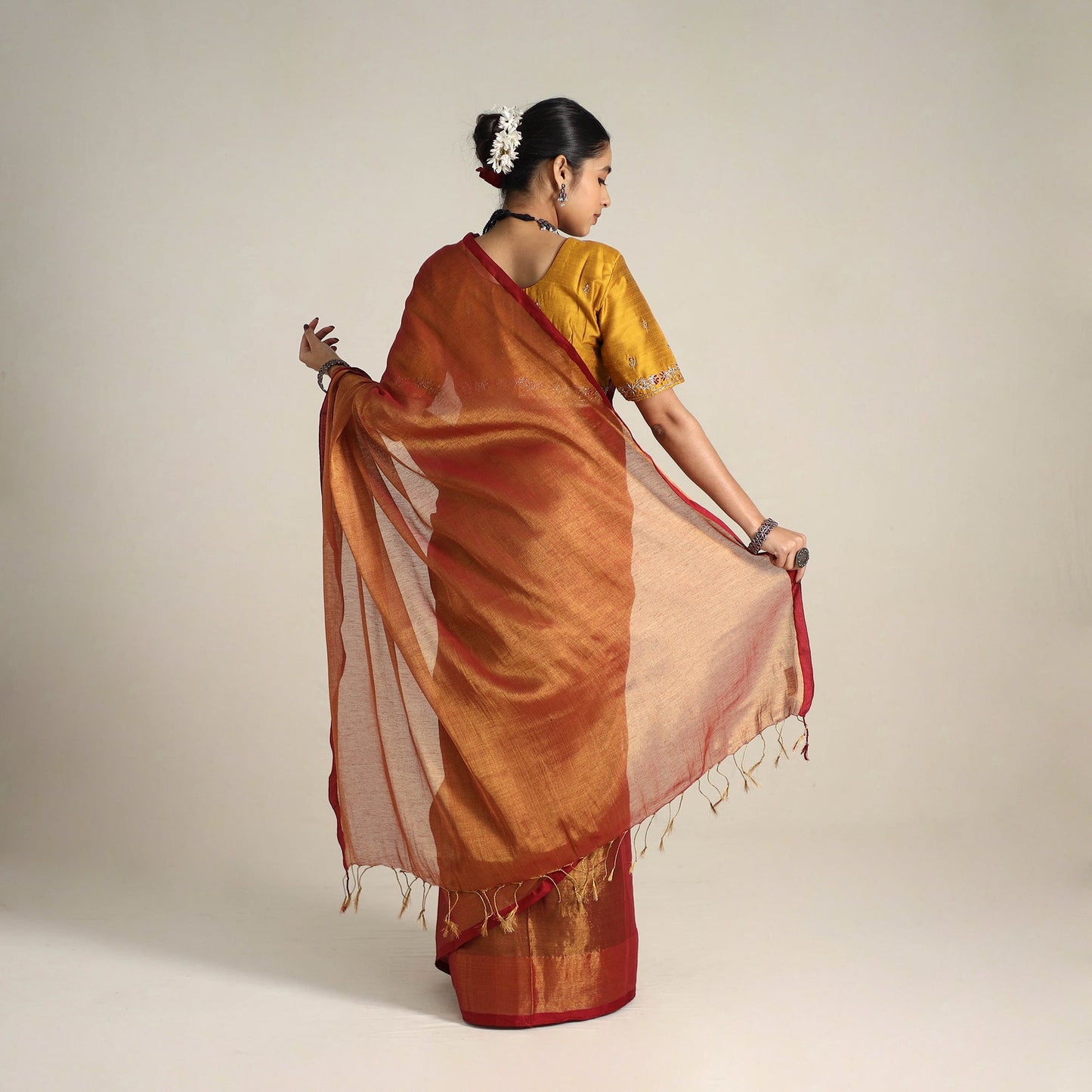 Mul Tissue Zari Red Bengal Saree with Embroidered Blouse 