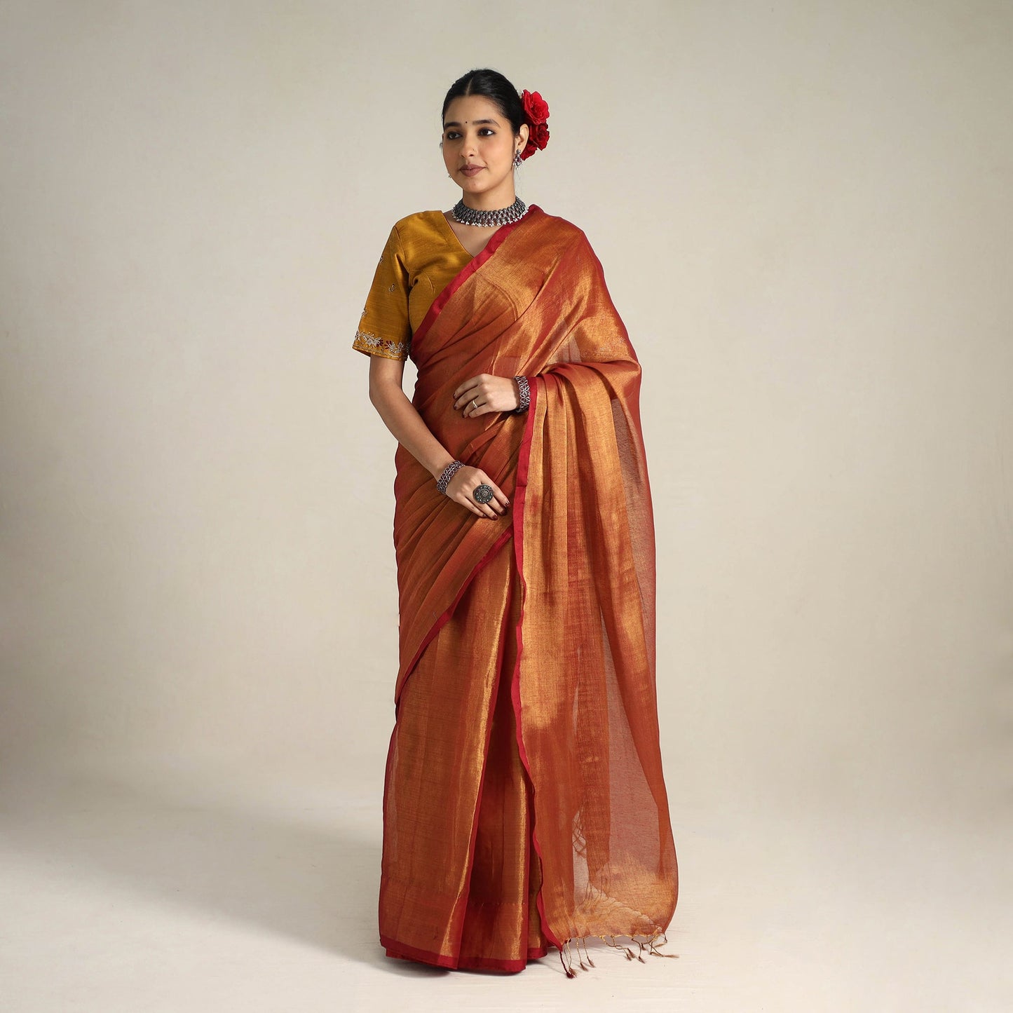 Mul Tissue Zari Red Bengal Saree with Embroidered Blouse 