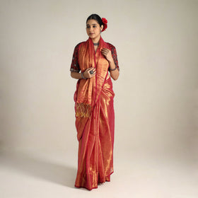 Mul Tissue Zari Red Bengal Saree with Embroidered Blouse 