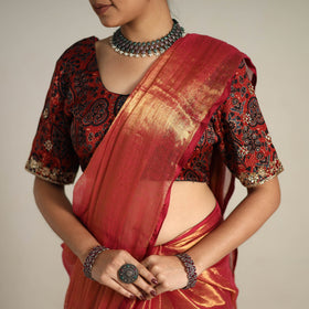 Mul Tissue Zari Red Bengal Saree with Embroidered Blouse 