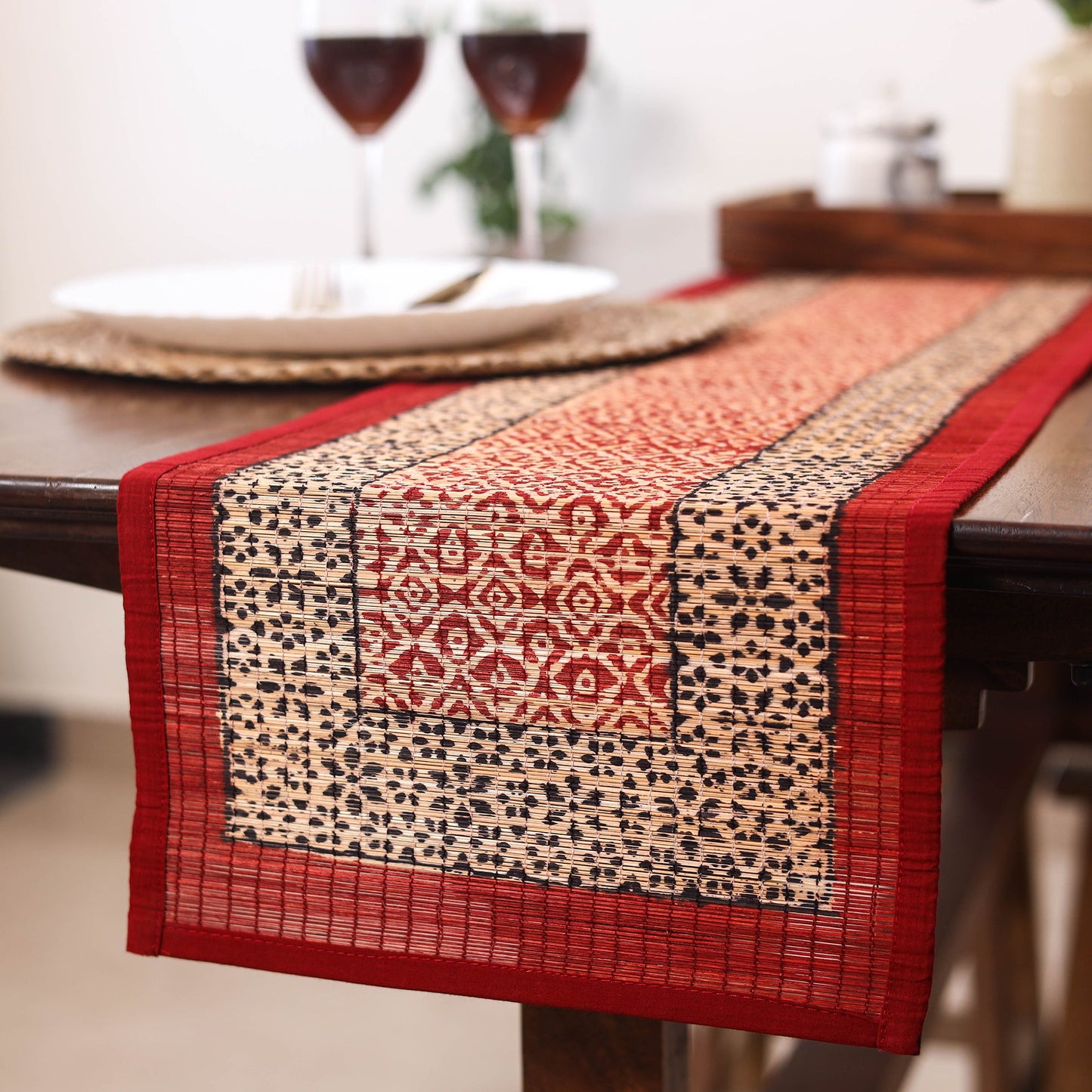 Red Natural Bamboo Bagh Block Printed Dining Table Runner