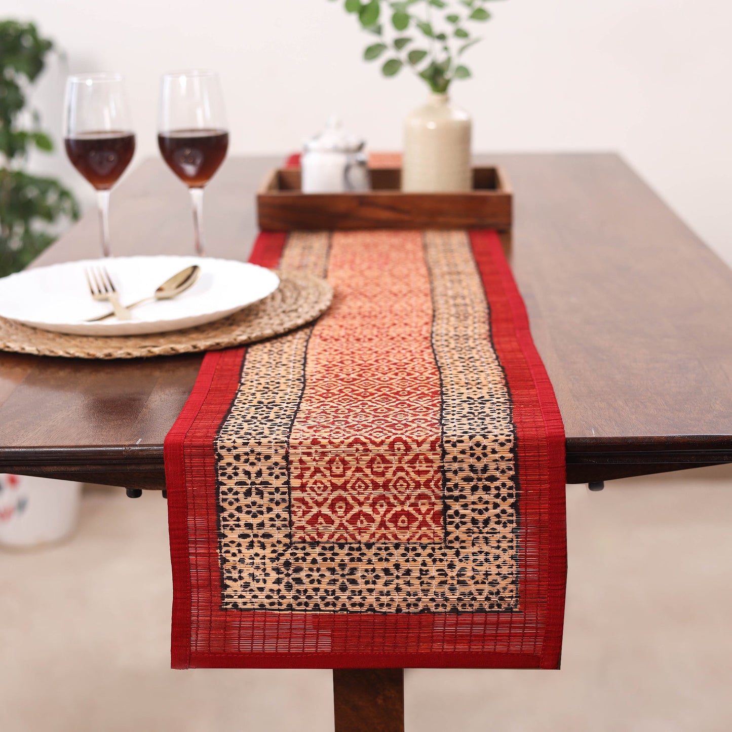 Red Natural Bamboo Bagh Block Printed Dining Table Runner