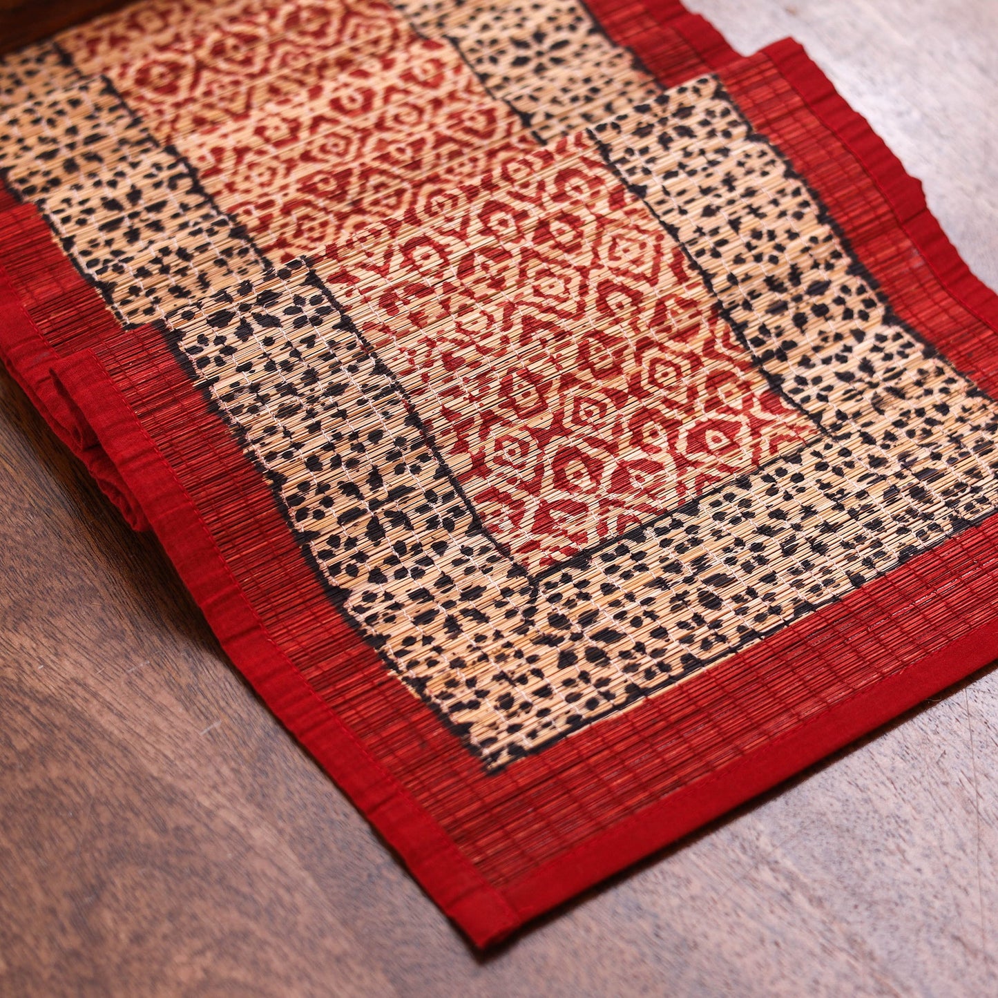 Red Natural Bamboo Bagh Block Printed Dining Table Runner