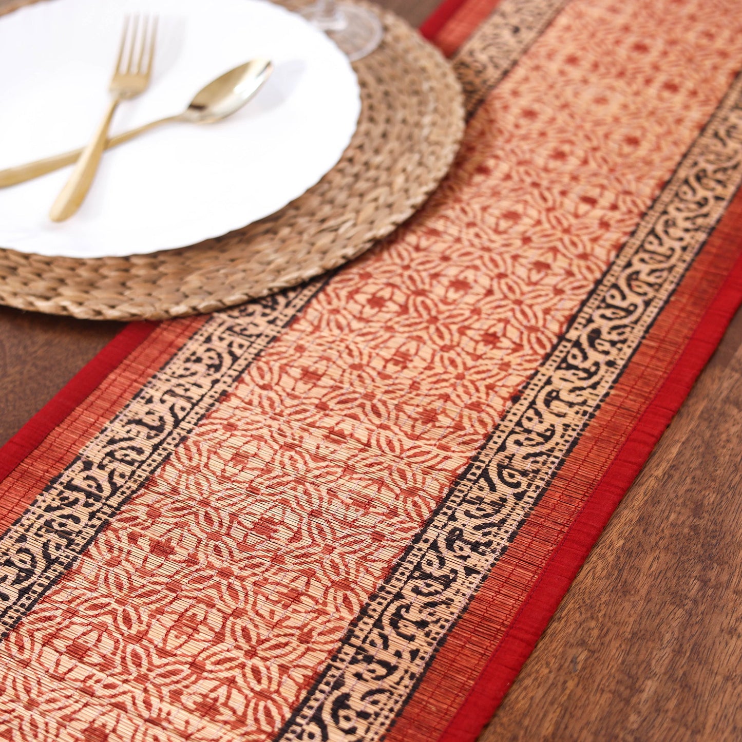 Red Natural Bamboo Bagh Block Printed Dining Table Runner