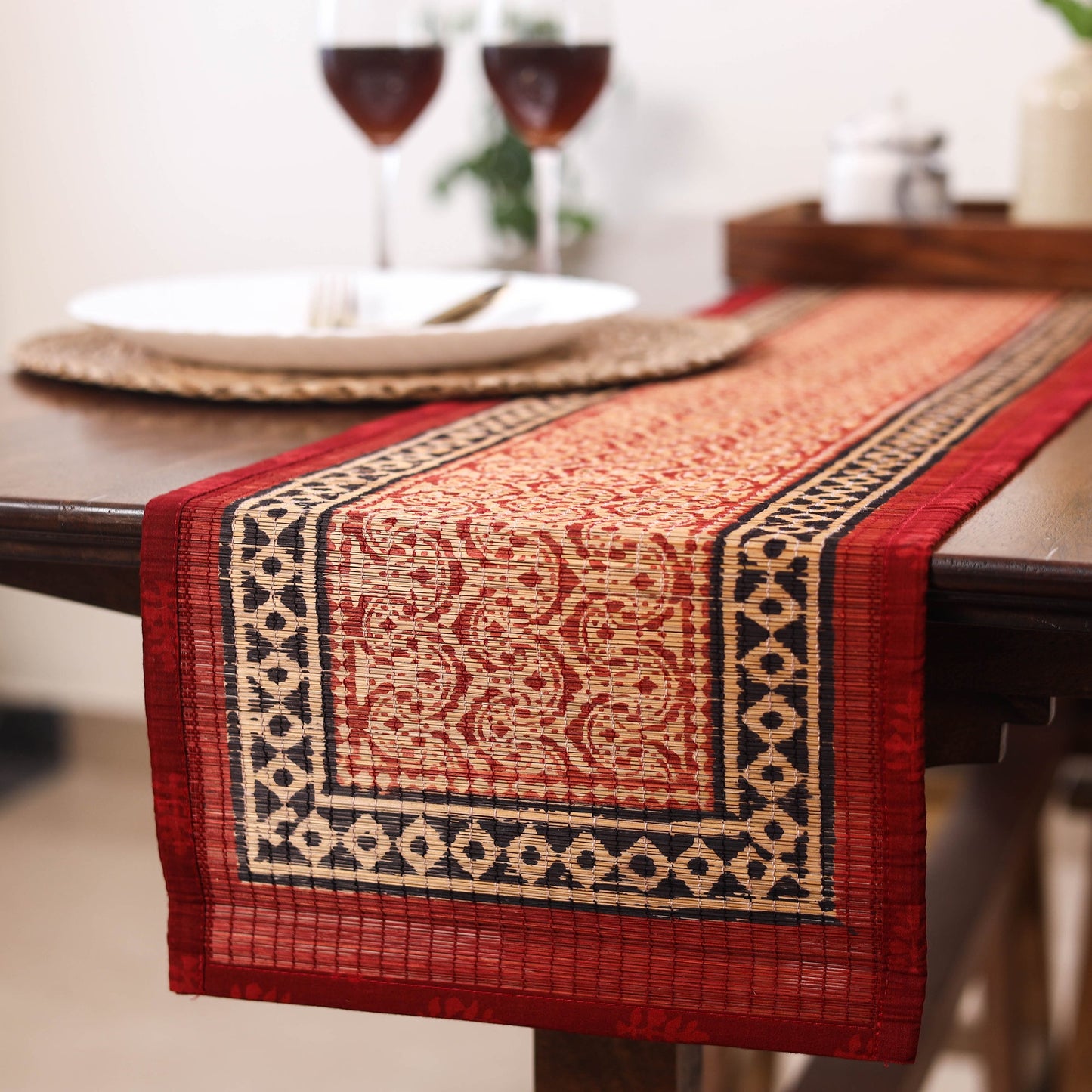 Red Natural Bamboo Bagh Block Printed Dining Table Runner