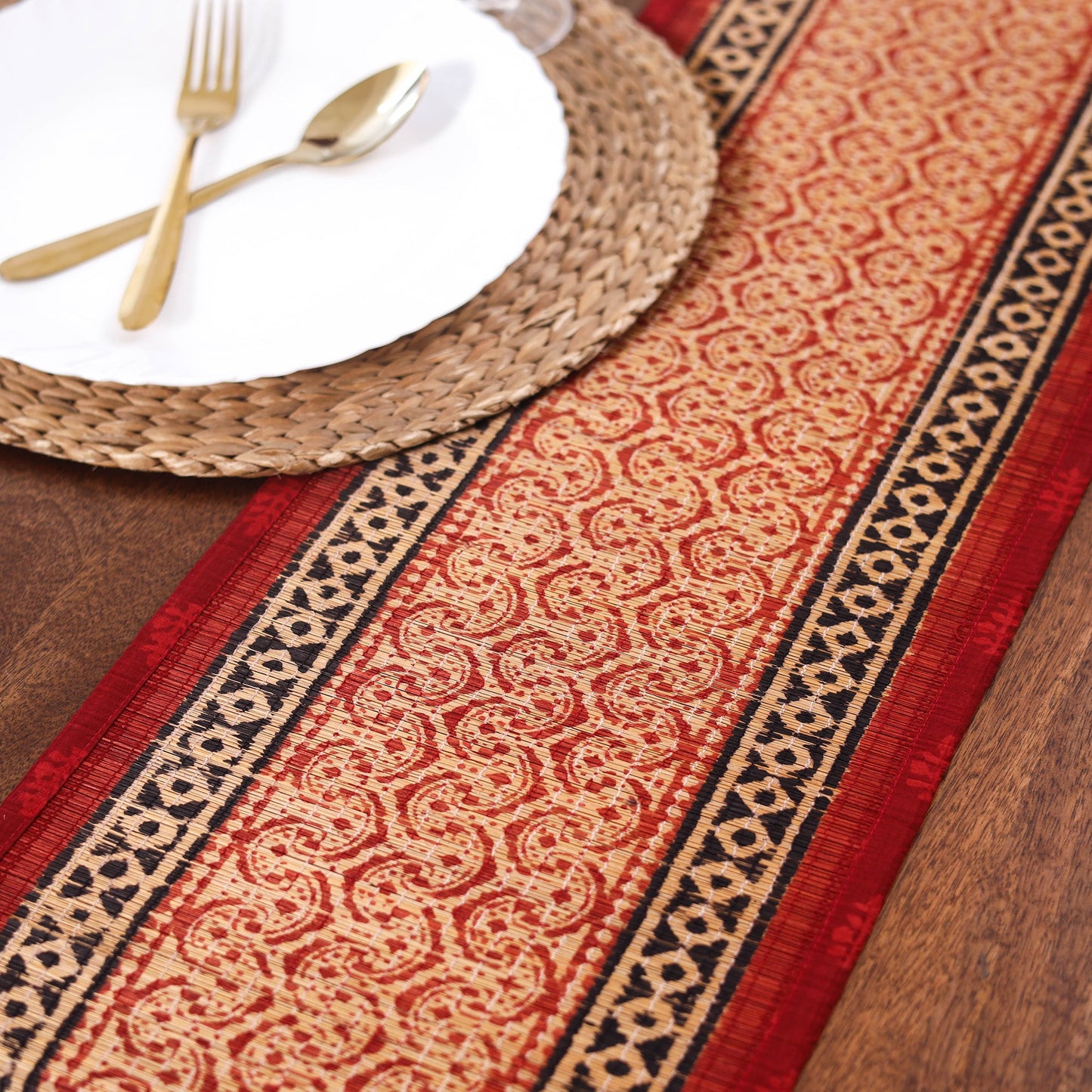 Red Natural Bamboo Bagh Block Printed Dining Table Runner