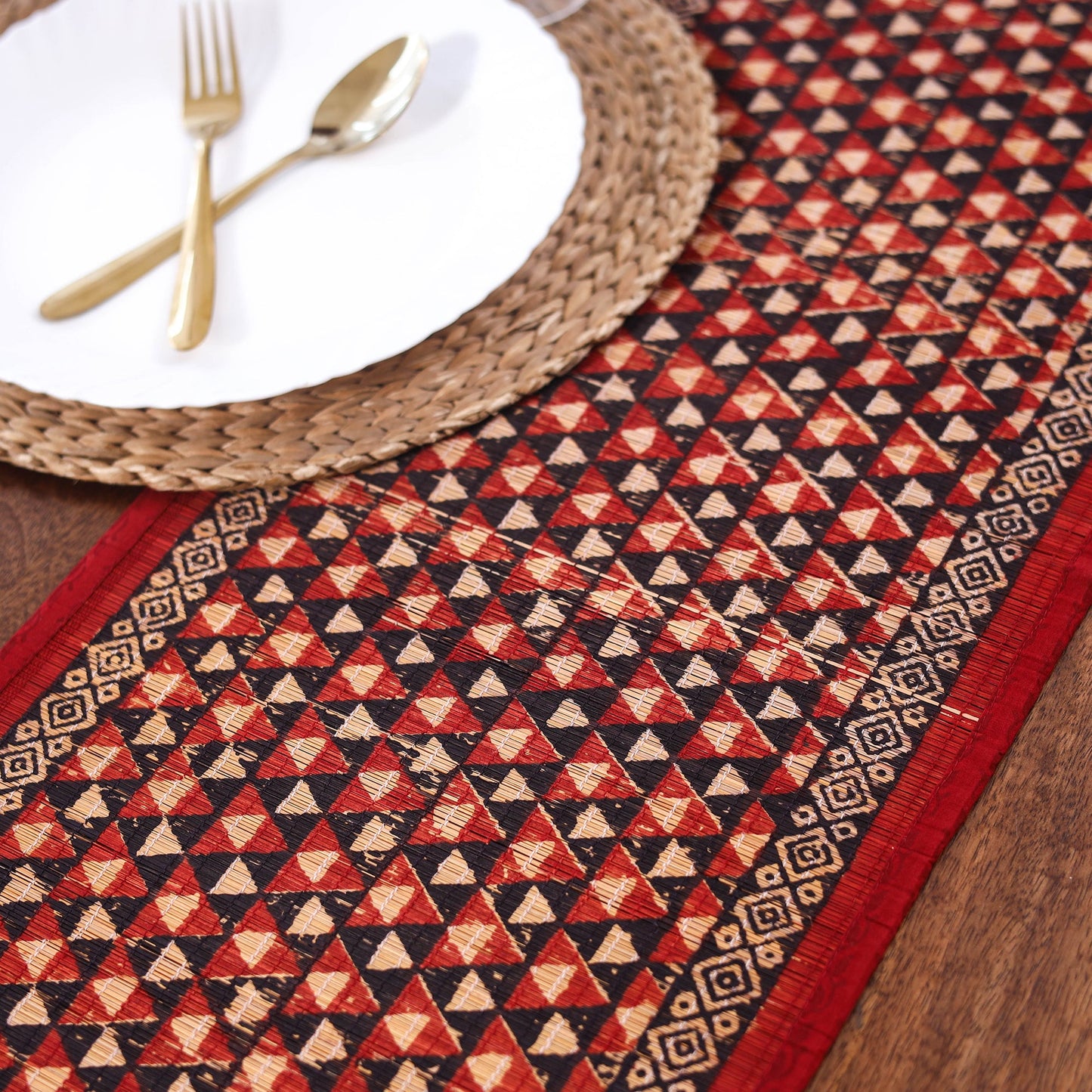 Red Natural Bamboo Bagh Block Printed Dining Table Runner