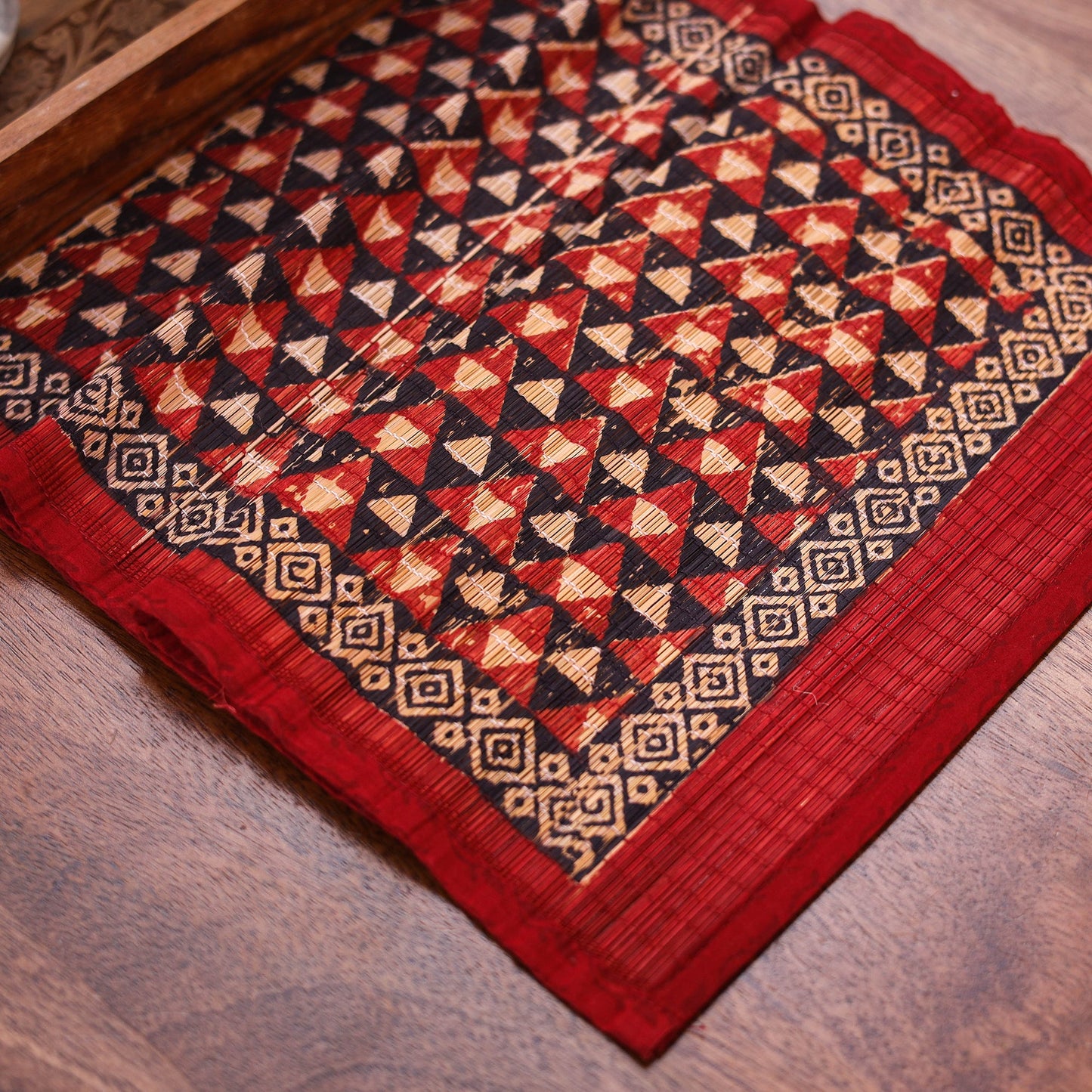 Red Natural Bamboo Bagh Block Printed Dining Table Runner