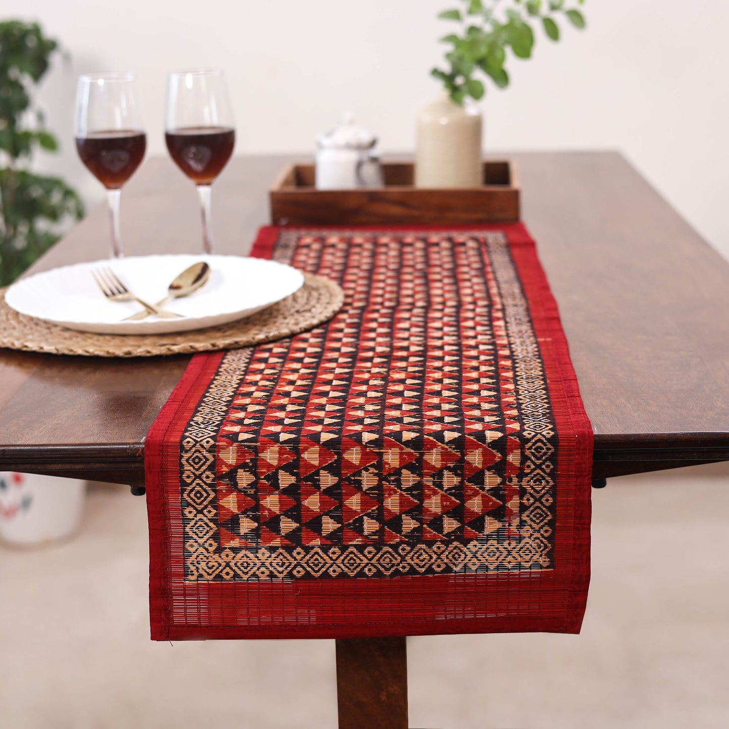 Red Natural Bamboo Bagh Block Printed Dining Table Runner