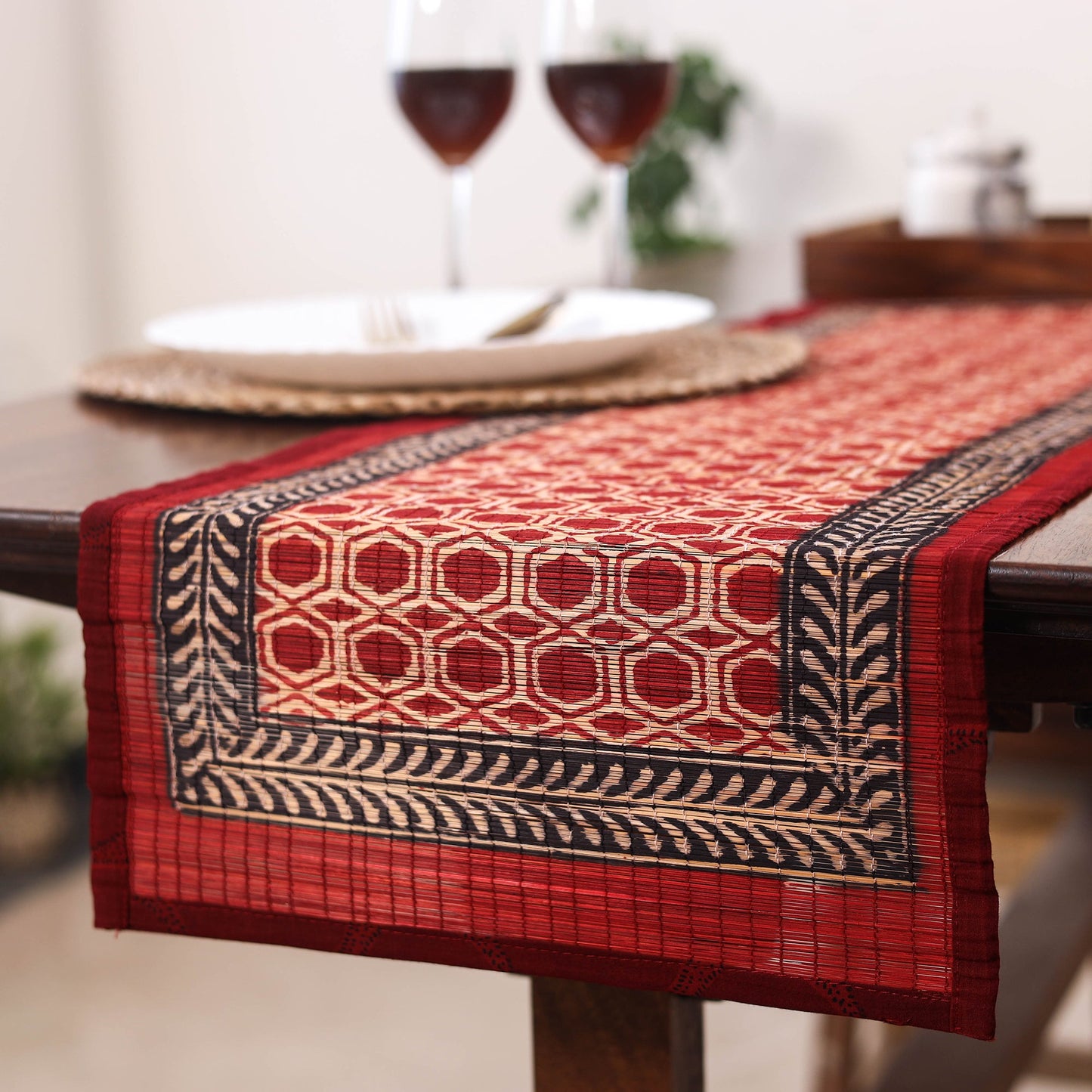 Red Natural Bamboo Bagh Block Printed Dining Table Runner