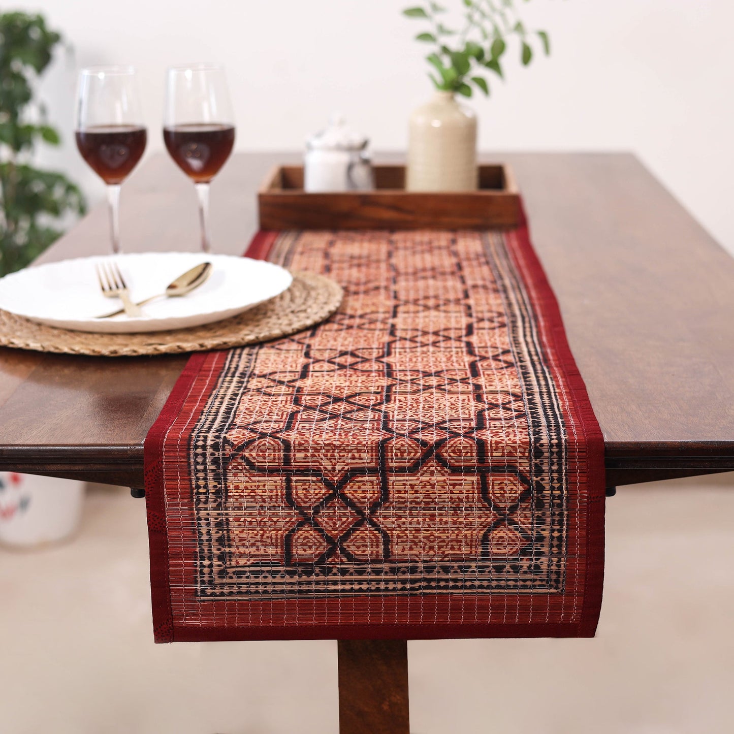 Red Natural Bamboo Bagh Block Printed Dining Table Runner