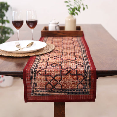 Red Natural Bamboo Bagh Block Printed Dining Table Runner
