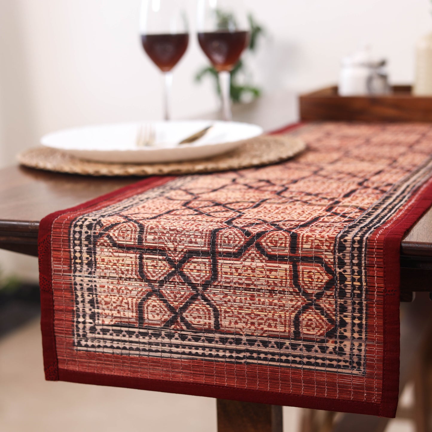 Red Natural Bamboo Bagh Block Printed Dining Table Runner
