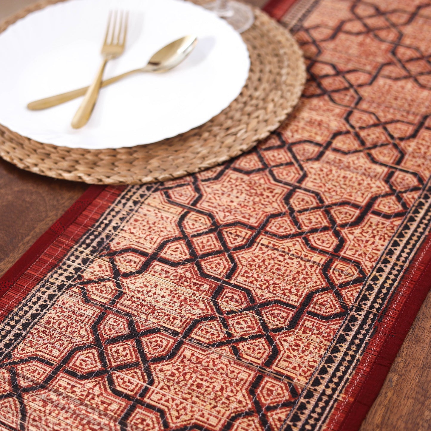 Red Natural Bamboo Bagh Block Printed Dining Table Runner