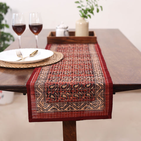 Red Natural Bamboo Bagh Block Printed Dining Table Runner