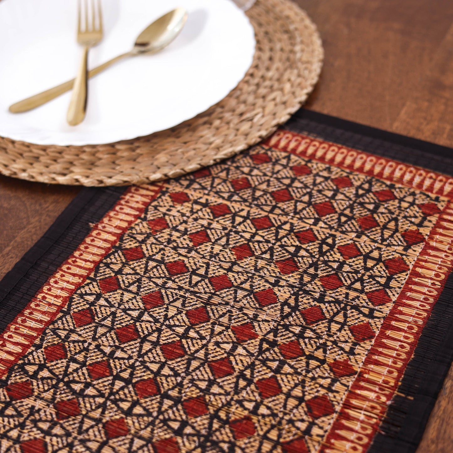 Red Natural Bamboo Bagh Block Printed Dining Table Runner