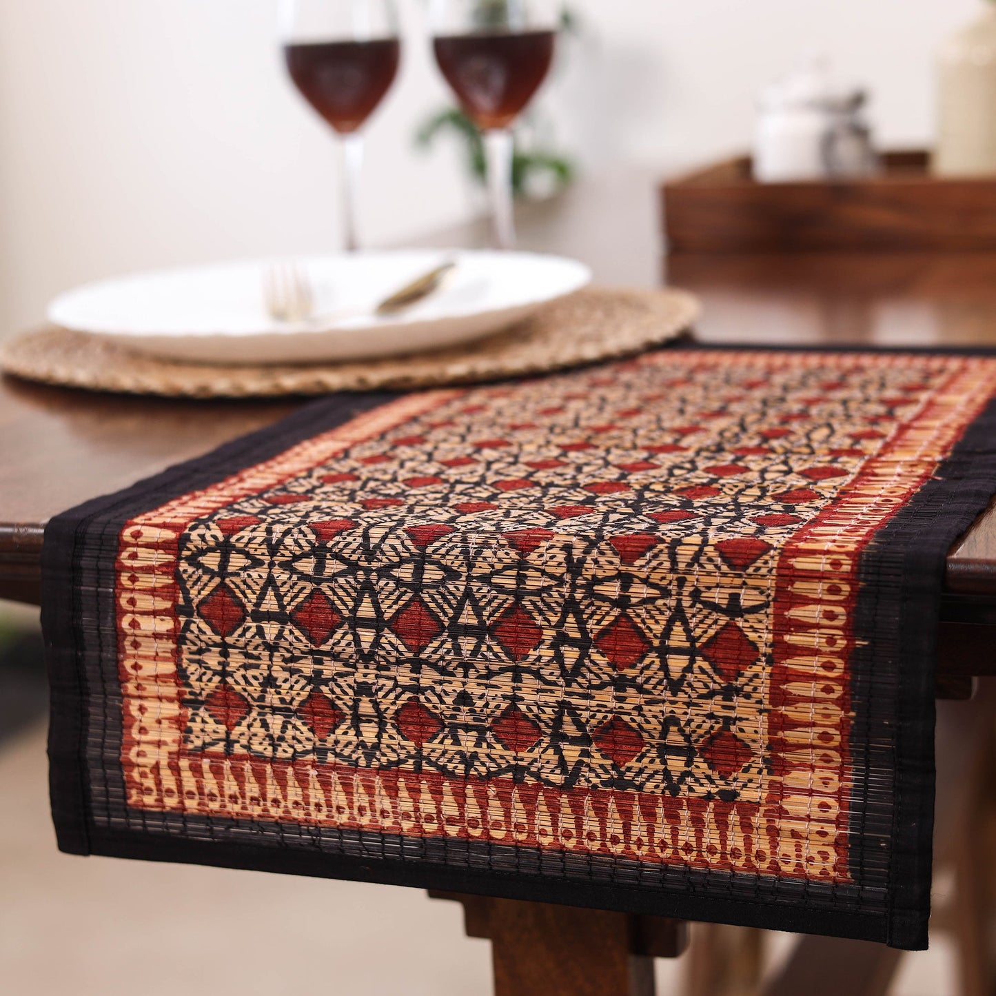 Red Natural Bamboo Bagh Block Printed Dining Table Runner