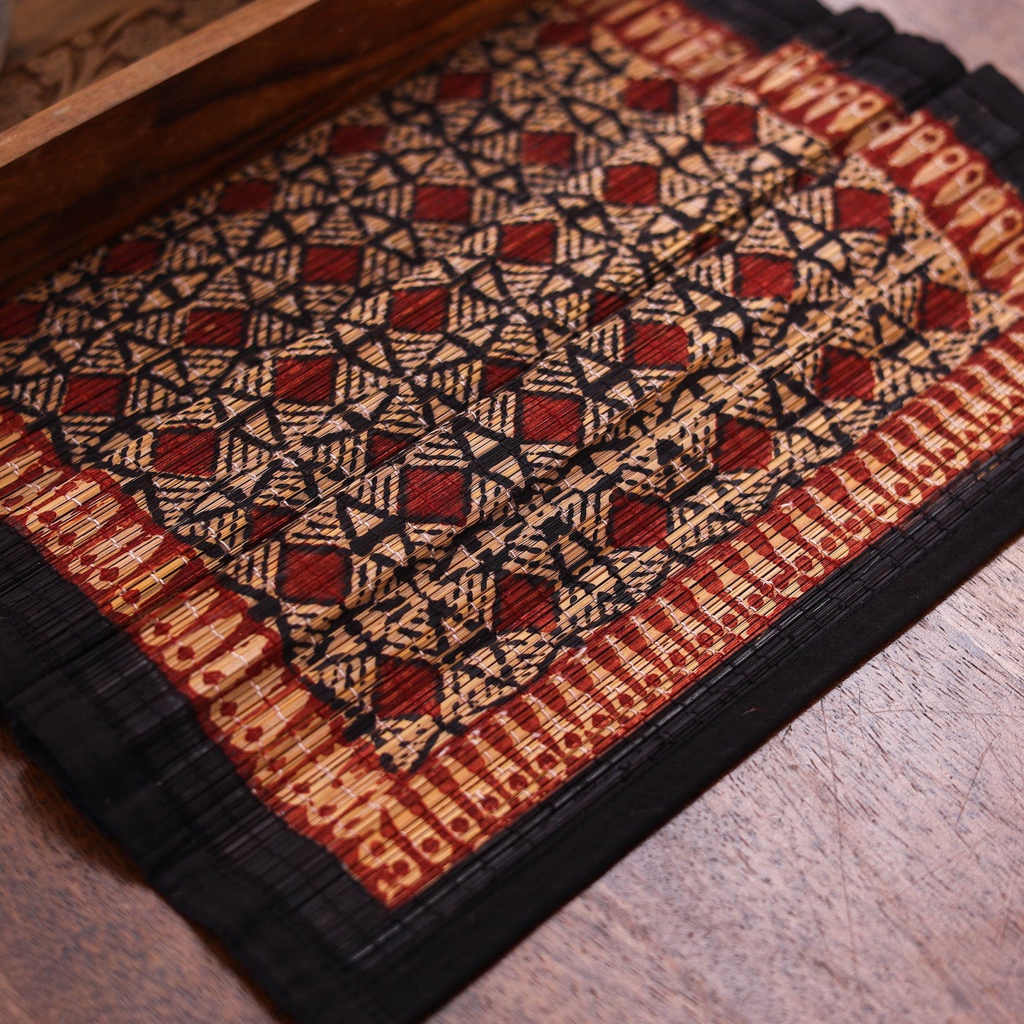 Red Natural Bamboo Bagh Block Printed Dining Table Runner